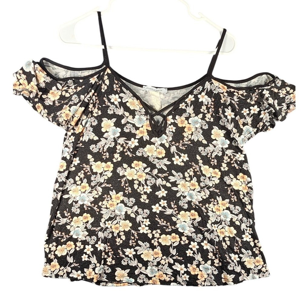 Purple Snow Womens Floral Cold Shoulder Top Black Yellow Strappy V-Neck‎ BLOUSE